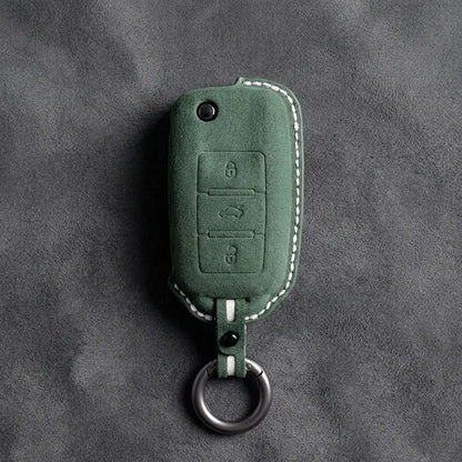 Volkswagen Hand Stitched Alcantara Key Fob Cover Rectangular 3-button Flip Key Dark Green
