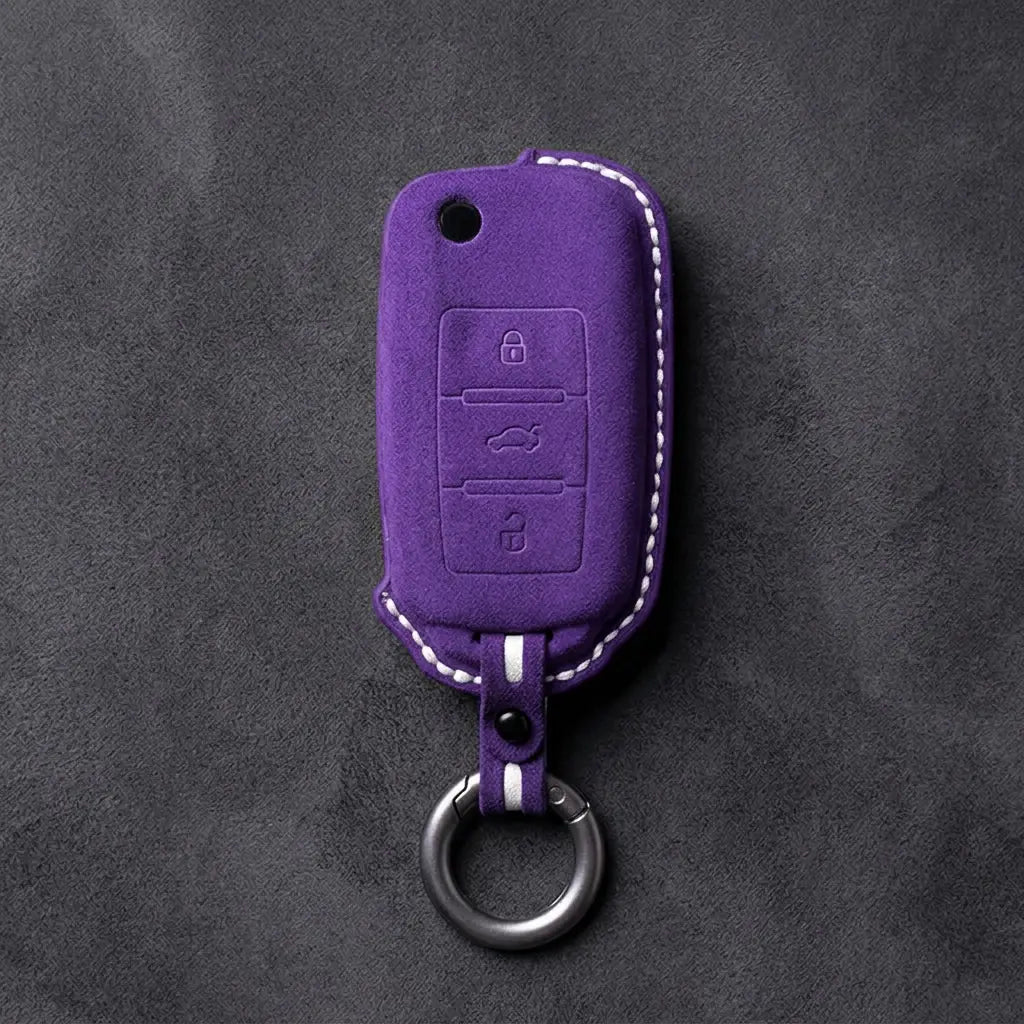 Volkswagen Hand Stitched Alcantara Key Fob Cover Rectangular 3-button Flip Key Dark Purple