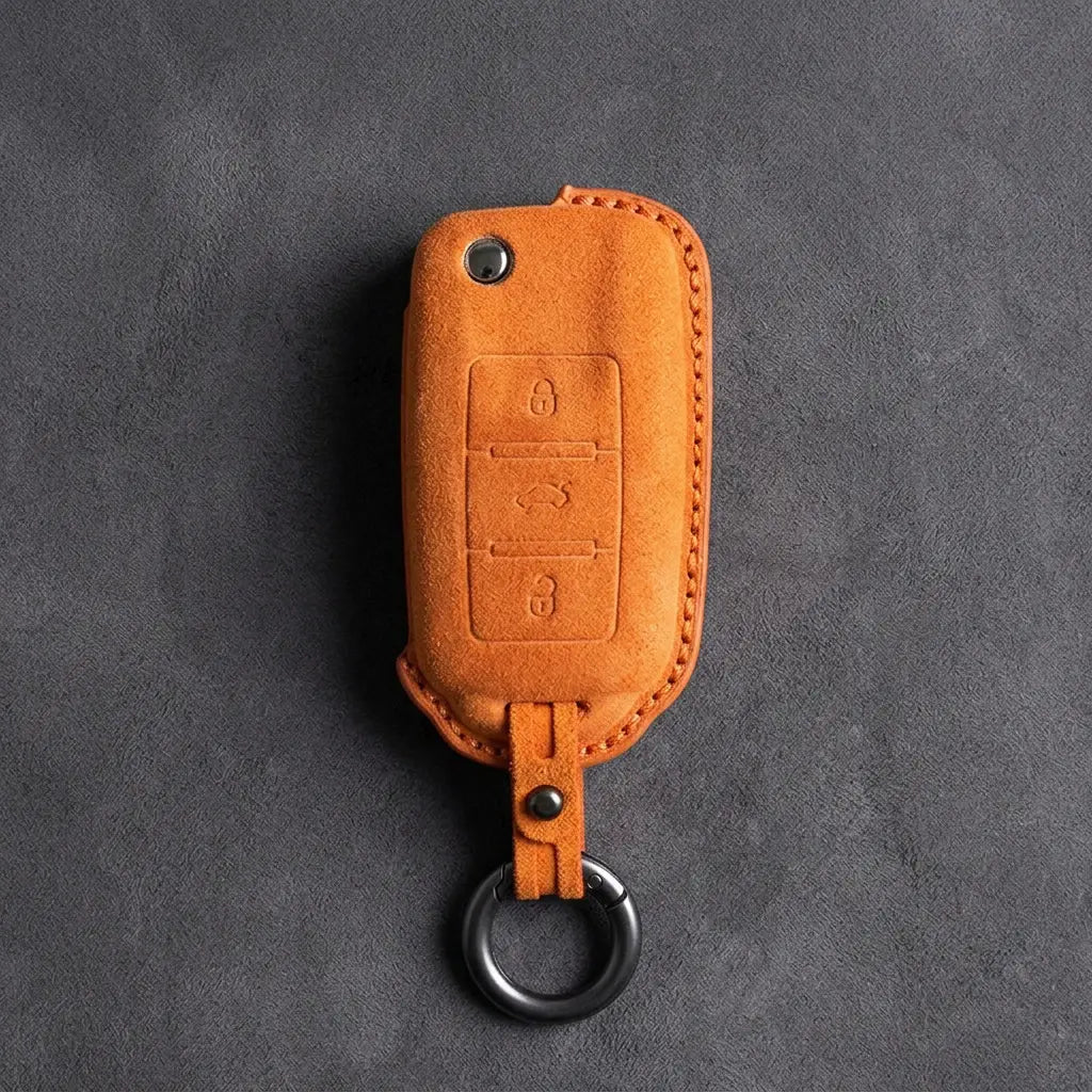 Volkswagen Hand Stitched Alcantara Key Fob Cover Rectangular 3-button Flip Key Orange