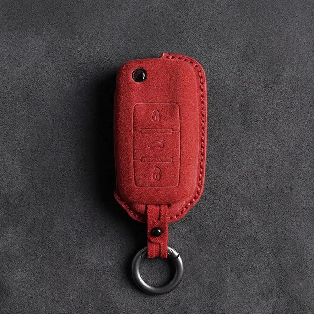 Volkswagen Hand Stitched Alcantara Key Fob Cover Rectangular 3-button Flip Key Red