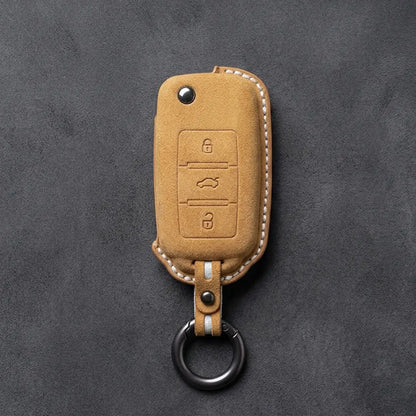 Volkswagen Hand Stitched Alcantara Key Fob Cover Rectangular 3-button Flip Key Soft Brown