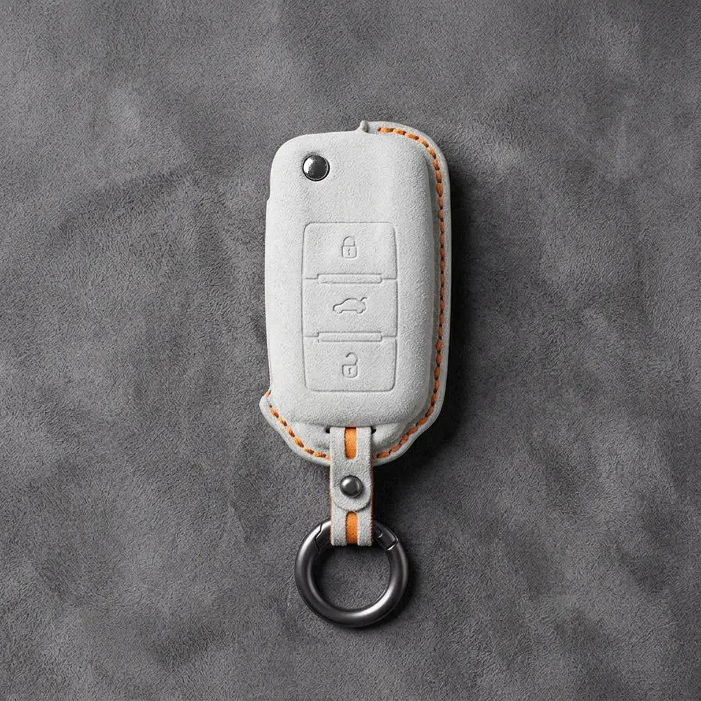 Volkswagen Hand Stitched Alcantara Key Fob Cover Rectangular 3-button Flip Key White