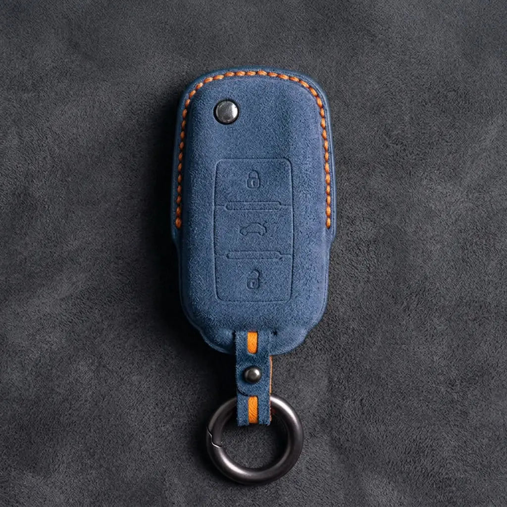 Volkswagen Hand Stitched Alcantara Key Fob Cover Rectangular 3-button Smart Key Cobalt Blue