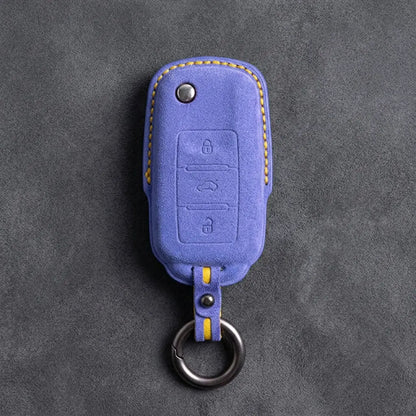 Volkswagen Hand Stitched Alcantara Key Fob Cover Rectangular 3-button Smart Key Cornflower Blue