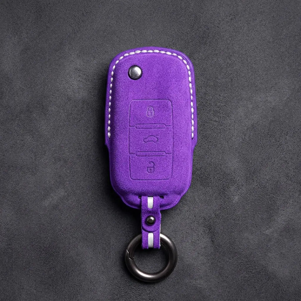 Volkswagen Hand Stitched Alcantara Key Fob Cover Rectangular 3-button Smart Key Dark Purple
