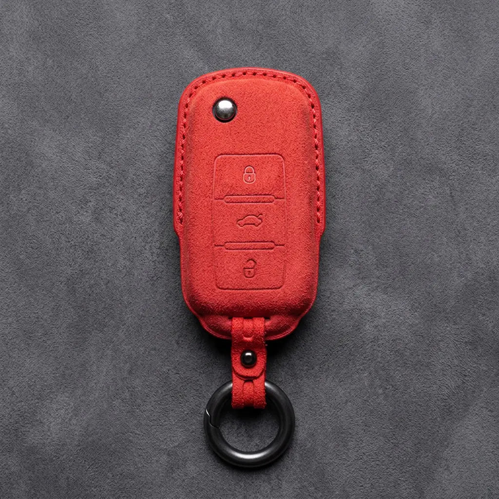 Volkswagen Hand Stitched Alcantara Key Fob Cover Rectangular 3-button Smart Key Red