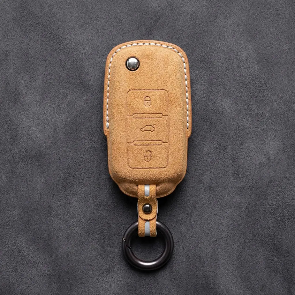 Volkswagen Hand Stitched Alcantara Key Fob Cover Rectangular 3-button Smart Key Soft Brown