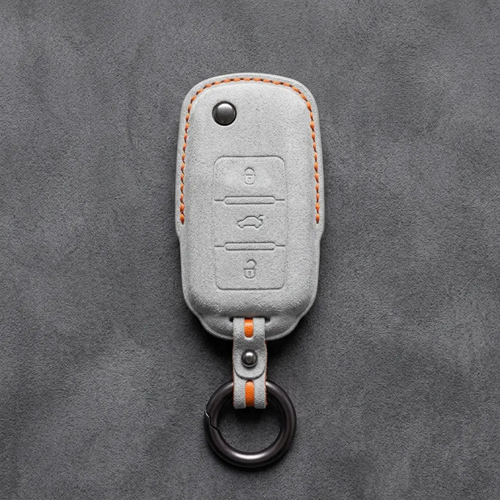 Volkswagen Hand Stitched Alcantara Key Fob Cover Rectangular 3-button Smart Key White
