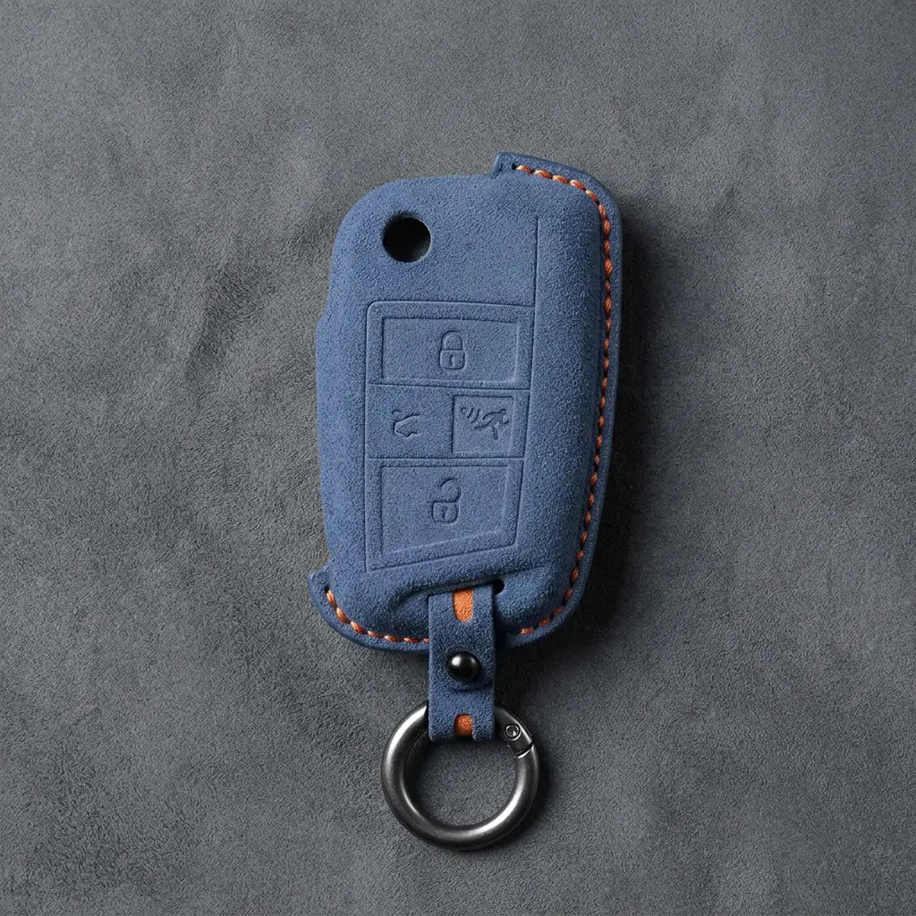Volkswagen Hand-Stitched Alcantara Key Fob Cover – Rectangular Panic Cobalt Blue