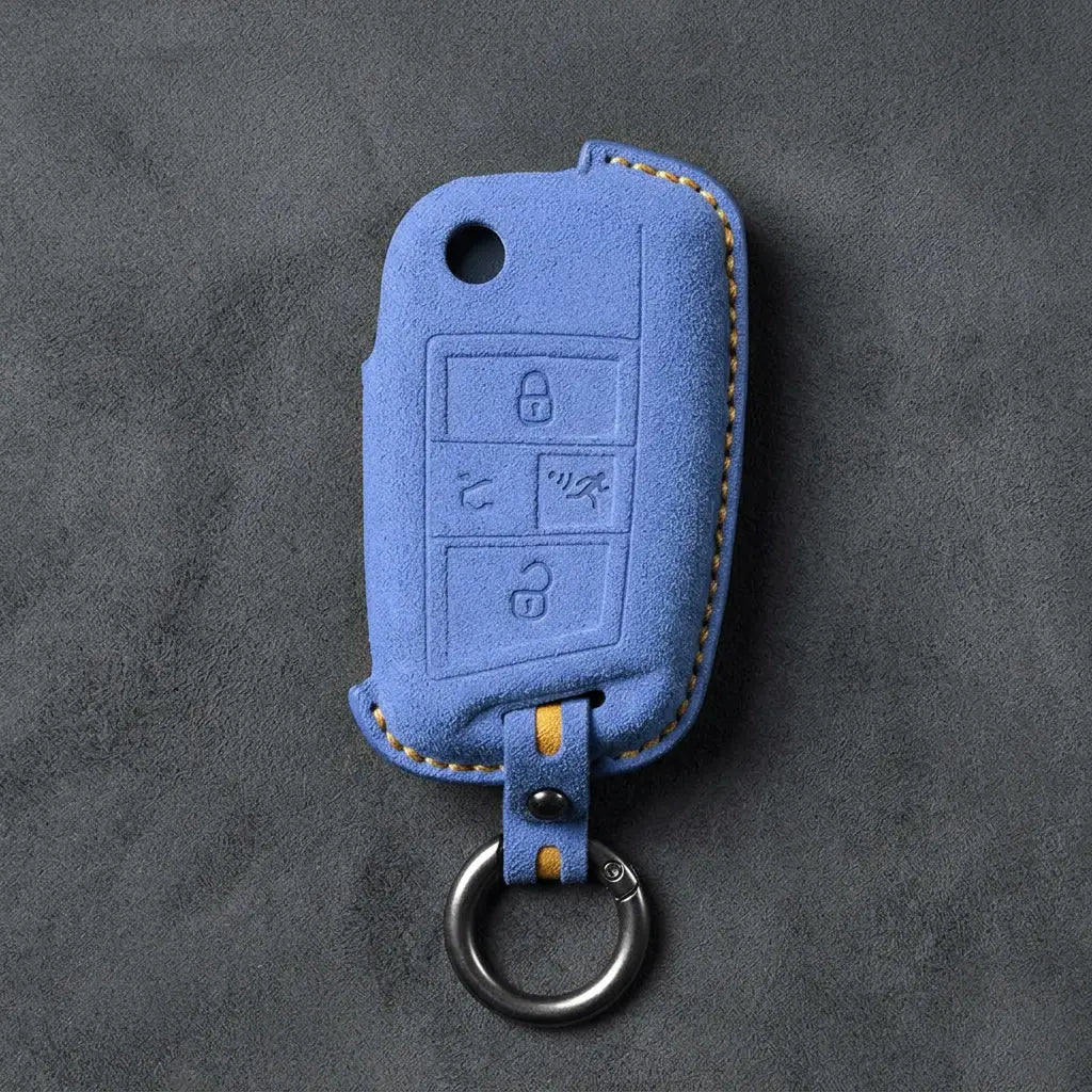 Volkswagen Hand-Stitched Alcantara Key Fob Cover – Rectangular Panic Cornflower Blue