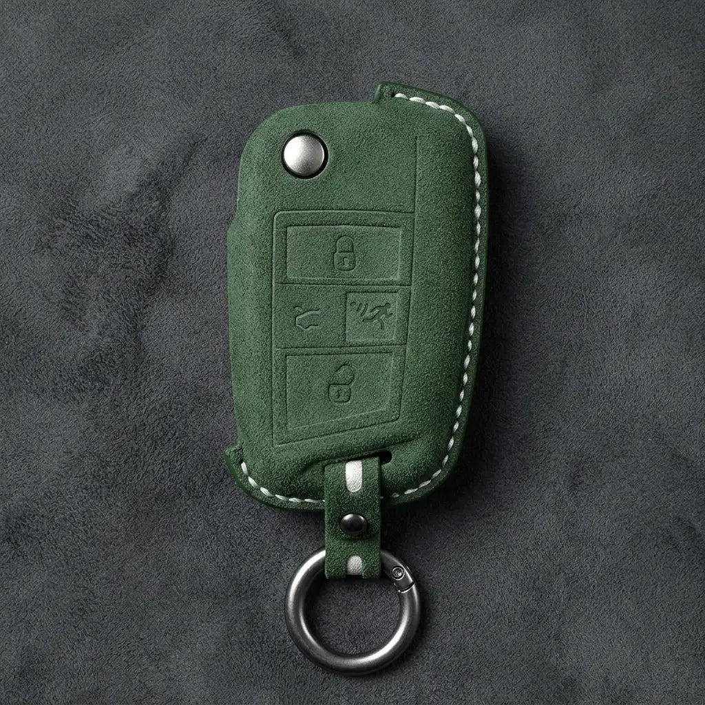 Volkswagen Hand-Stitched Alcantara Key Fob Cover – Rectangular Panic Dark Green