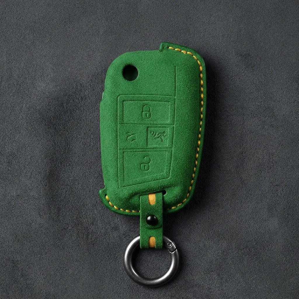 Volkswagen Hand-Stitched Alcantara Key Fob Cover – Rectangular Panic Grass Green