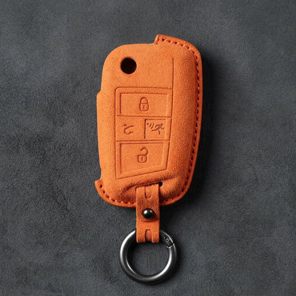Volkswagen Hand-Stitched Alcantara Key Fob Cover – Rectangular Panic Orange