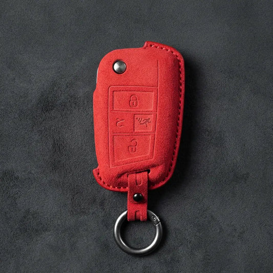 Volkswagen Hand-Stitched Alcantara Key Fob Cover – Rectangular Panic Red