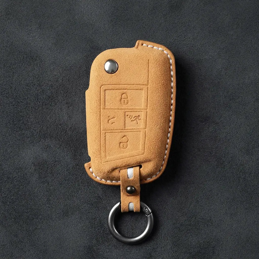 Volkswagen Hand-Stitched Alcantara Key Fob Cover – Rectangular Panic Soft Brown