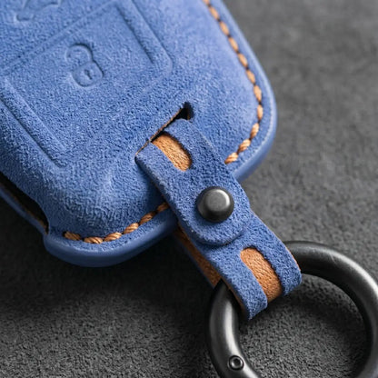 Volkswagen Hand - Stitched Alcantara Key Fob Cover - Shield - Style 3 - Button - Cornflower blue