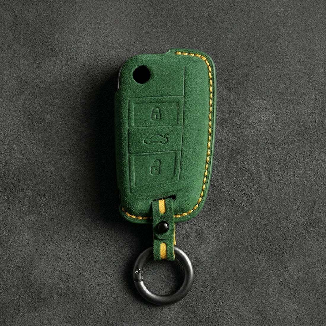 Volkswagen Hand - Stitched Alcantara Key Fob Cover - Shield - Style 3 - Button - Grass green