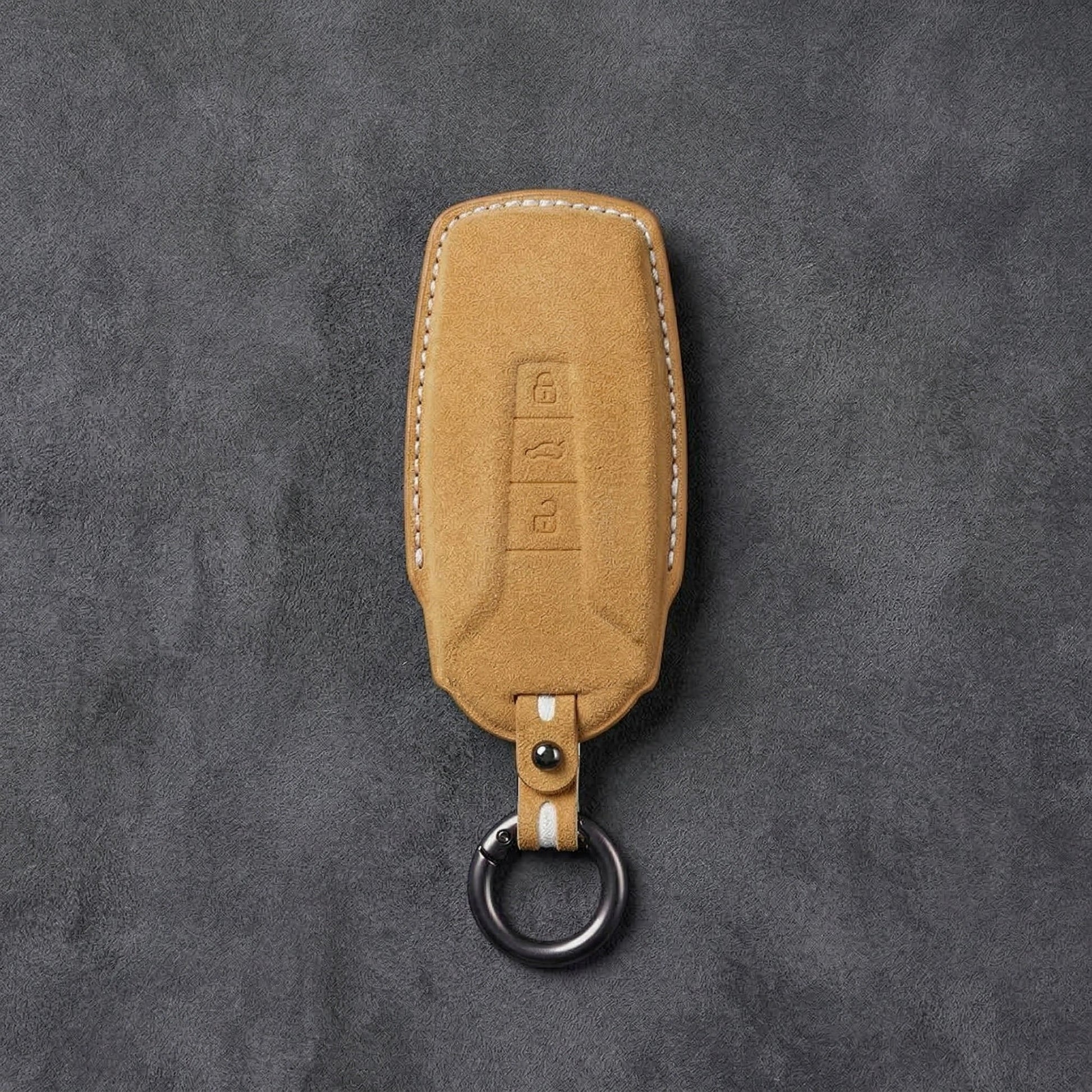 Volkswagen Hand - Stitched Alcantara Key Fob Cover - Shield - Style 3 - Button - Soft brown