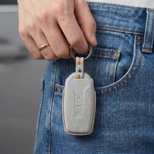 Volkswagen Hand - Stitched Alcantara Key Fob Cover - Shield - Style 3 - Button - White