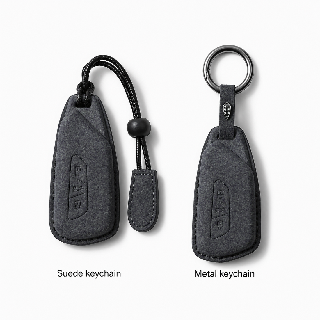 Two car keychain covers shown side by side on a light gray background: a suede keychain on the left with a black cord and bead, and a metal keychain on the right with a ring. Text below reads 'Suede keychain' and 'Metal keychain'.