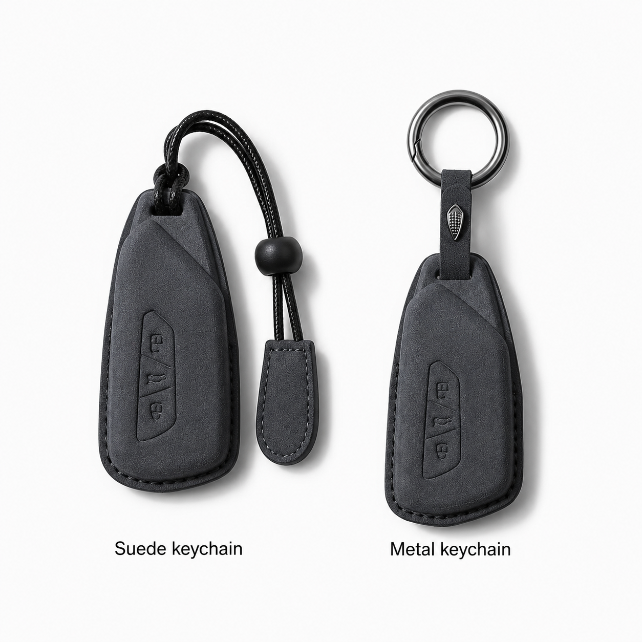 Two car keychain covers shown side by side on a light gray background: a suede keychain on the left with a black cord and bead, and a metal keychain on the right with a ring. Text below reads 'Suede keychain' and 'Metal keychain'.