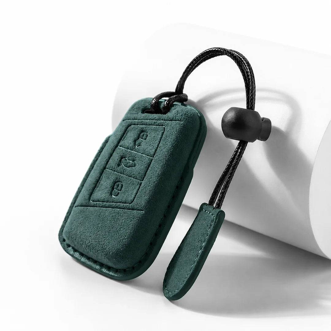 Volkswagen Suede Key Fob Case – Chrome Top 3-Button Dark Forest Green