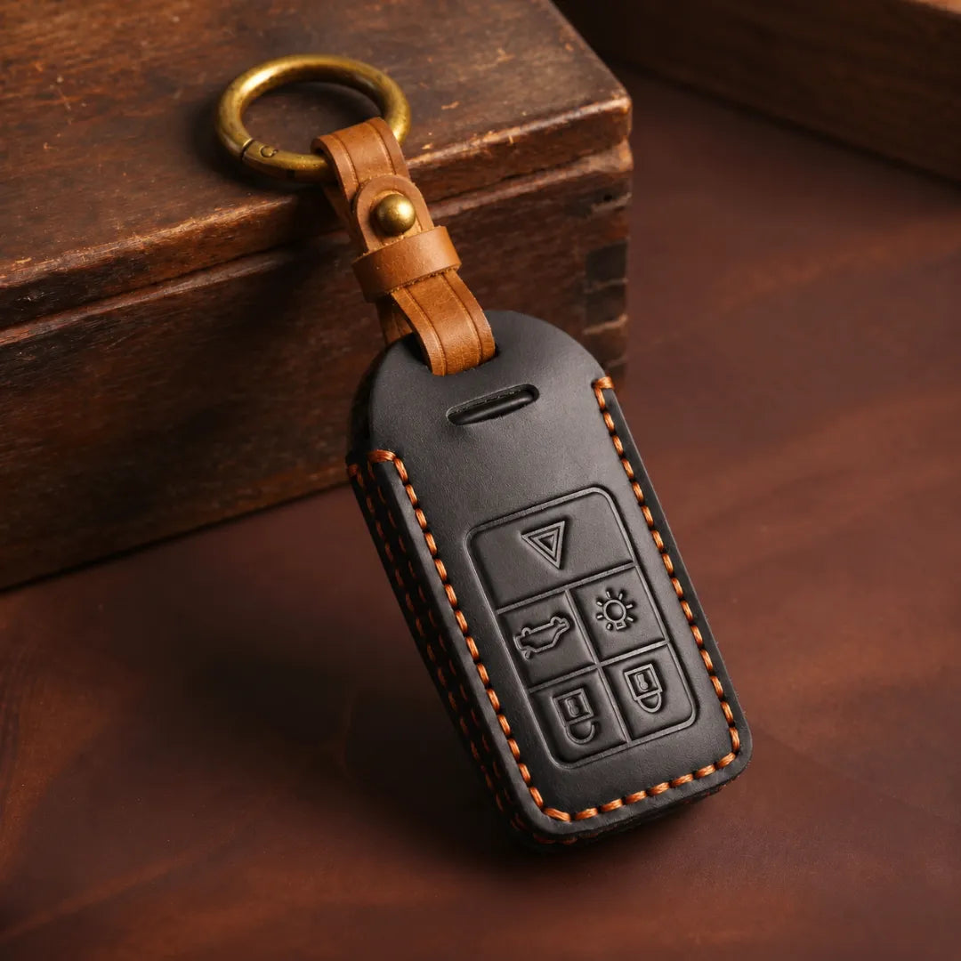 Volvo Hand-Crafted Leather Key Fob Cover - Rectangular 5-Button - Black