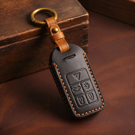 Volvo Hand-Crafted Leather Key Fob Cover - Rectangular 5-Button - Black