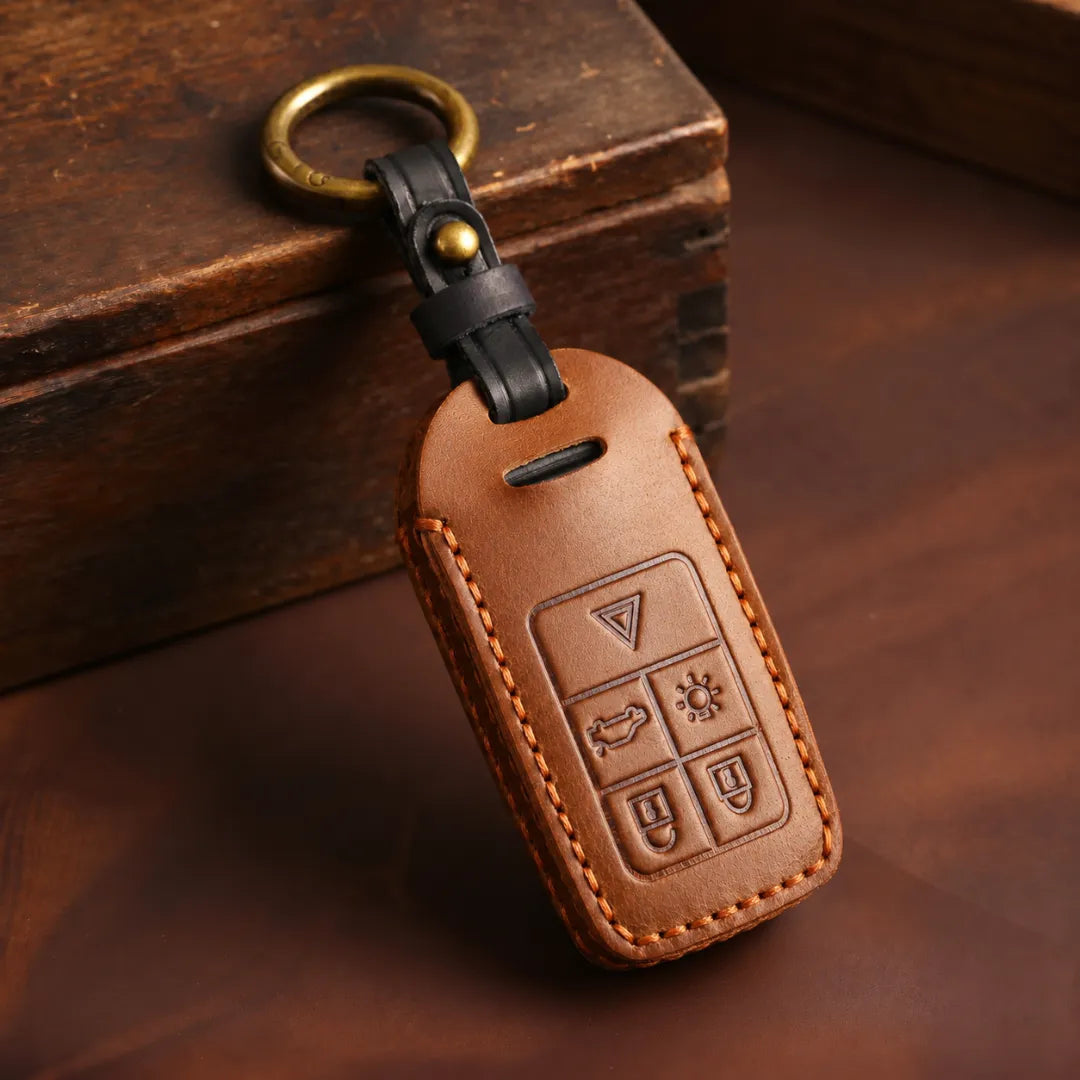 Volvo Hand-Crafted Leather Key Fob Cover - Rectangular 5-Button - Brown