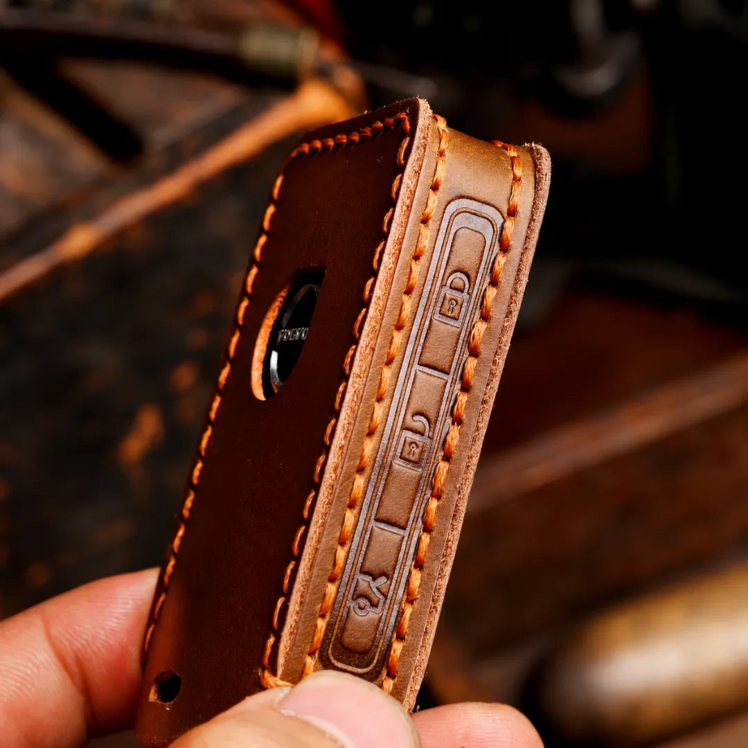 Volvo Hand-Crafted Leather Key Fob Cover – Side-Button Series - Side button Close Up